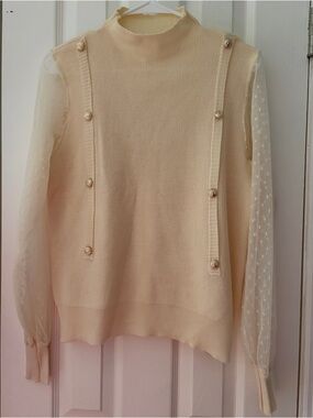 Cream Dot-Sleeve Mock Neck Sweater
